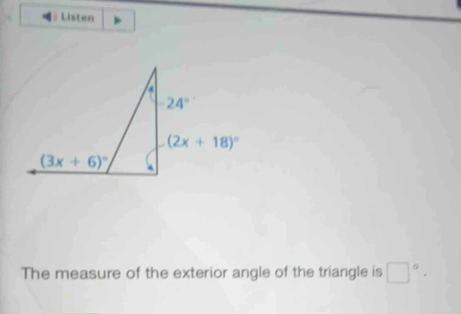 the measure of the exterior angle of the triangle is \\(\\square^{\\cir…