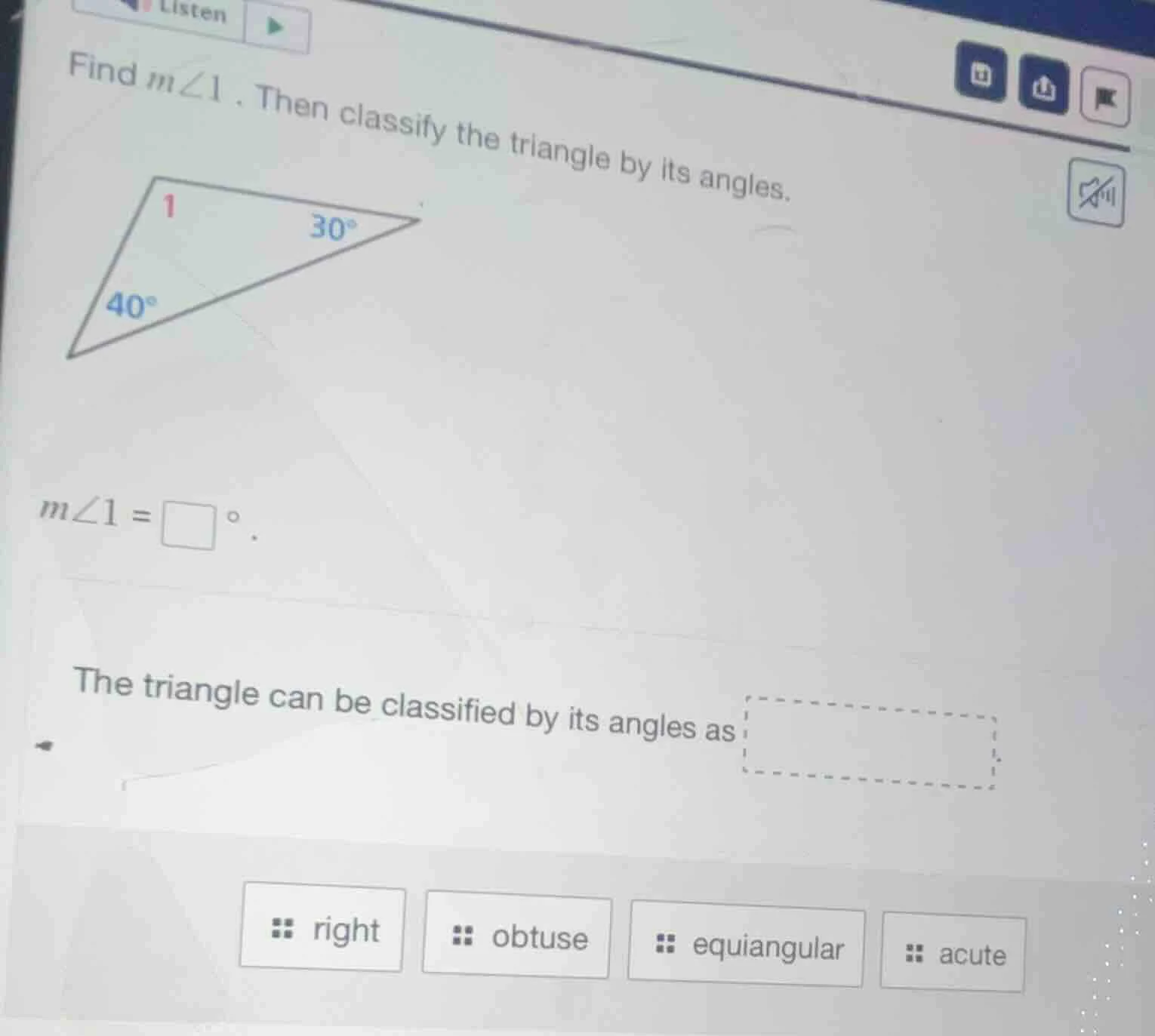 find ( mangle 1 ). then classify the triangle by its angles. ( mangle 1…
