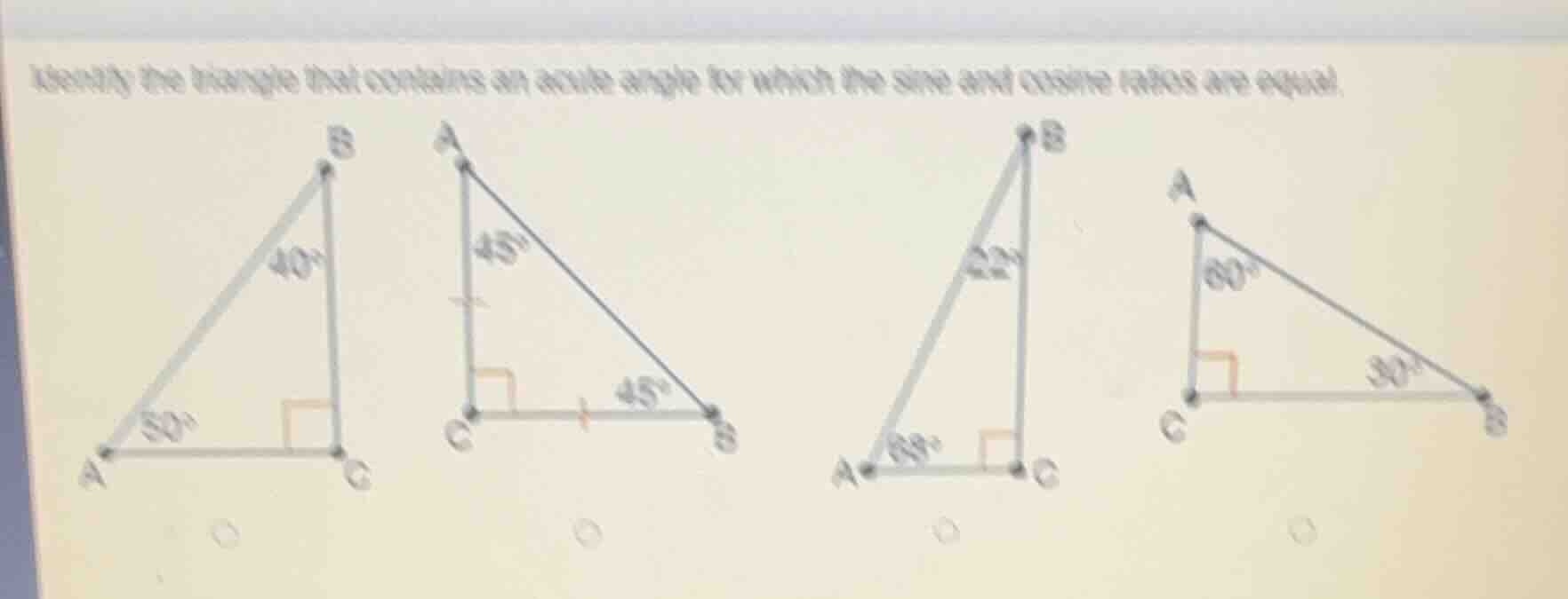 identify the triangle that contains an acute angle for which the sine a…