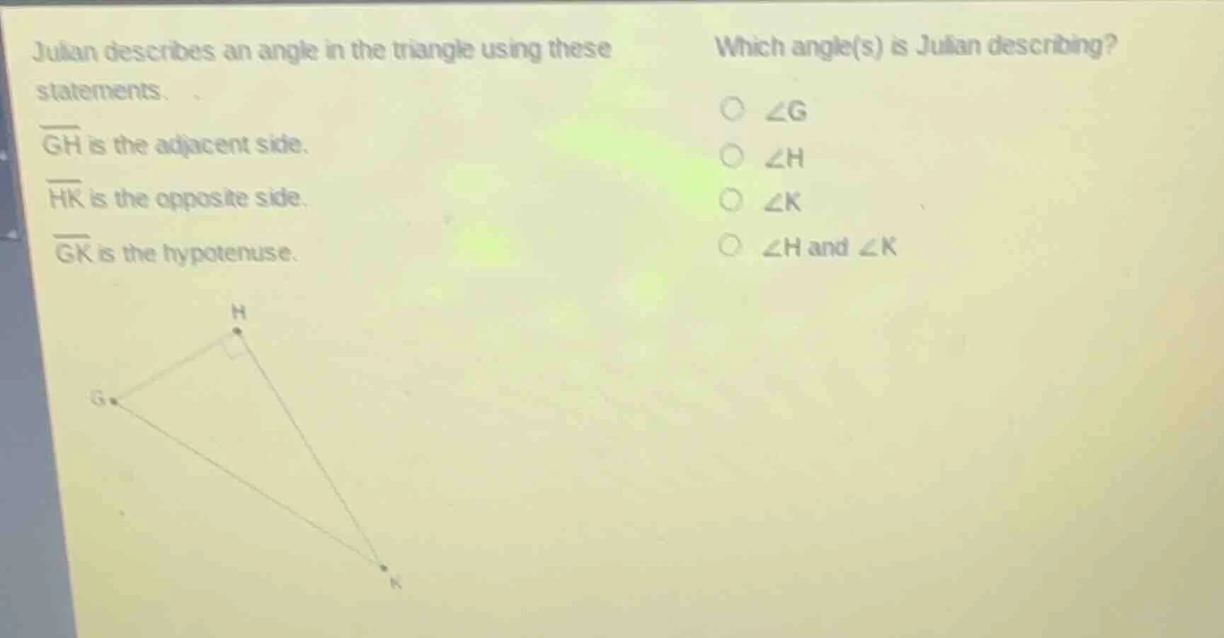 julian describes an angle in the triangle using these statements. \\(\\…