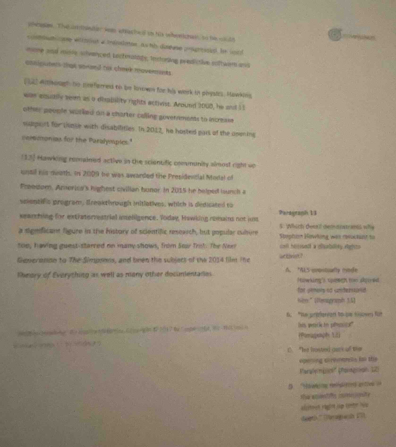 paragraph 13 5. which detail demonstrates why stephen hawking was respe…