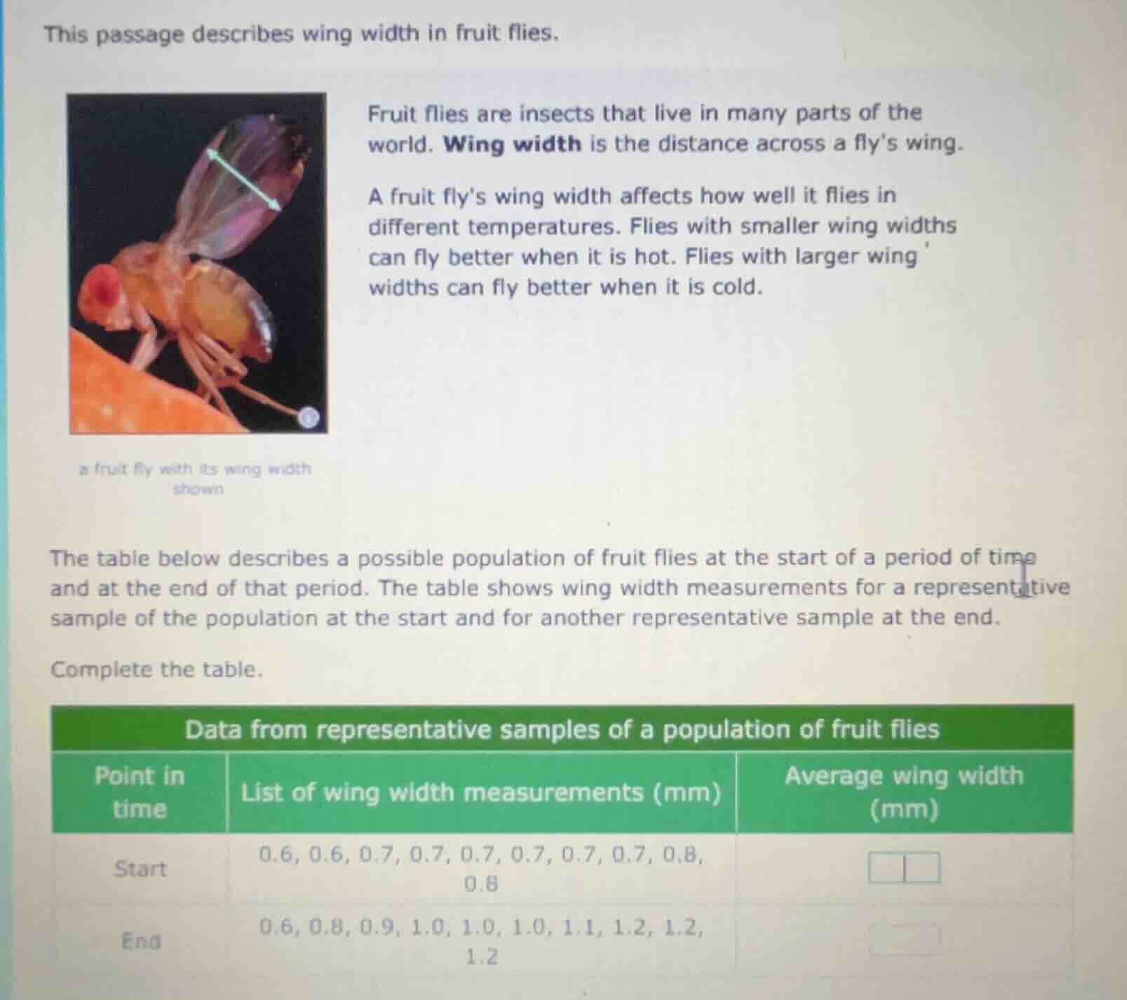 this passage describes wing width in fruit flies. fruit flies are insec…