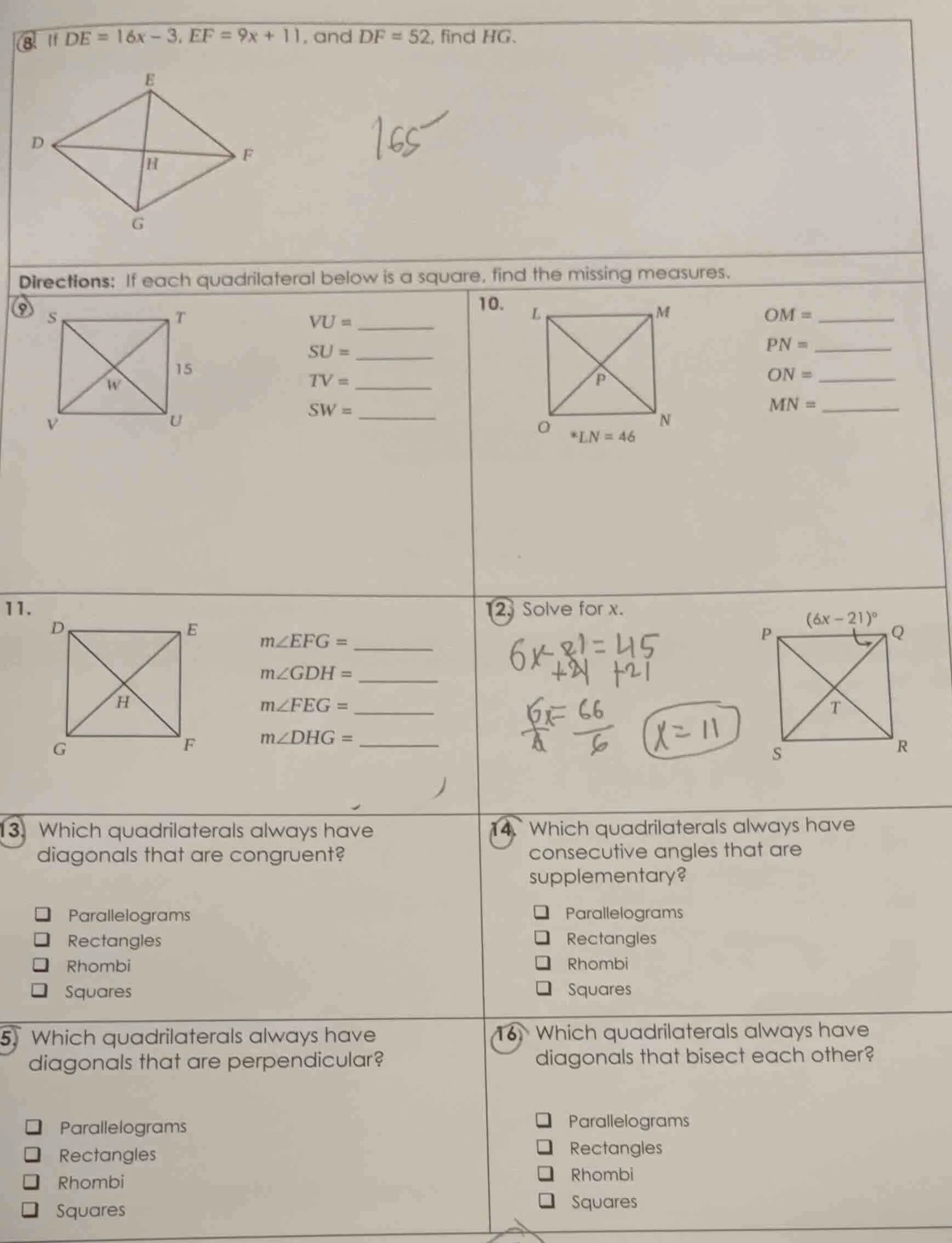 8. if de = 16x - 3, ef = 9x + 11, and df = 52, find hg. directions: if …