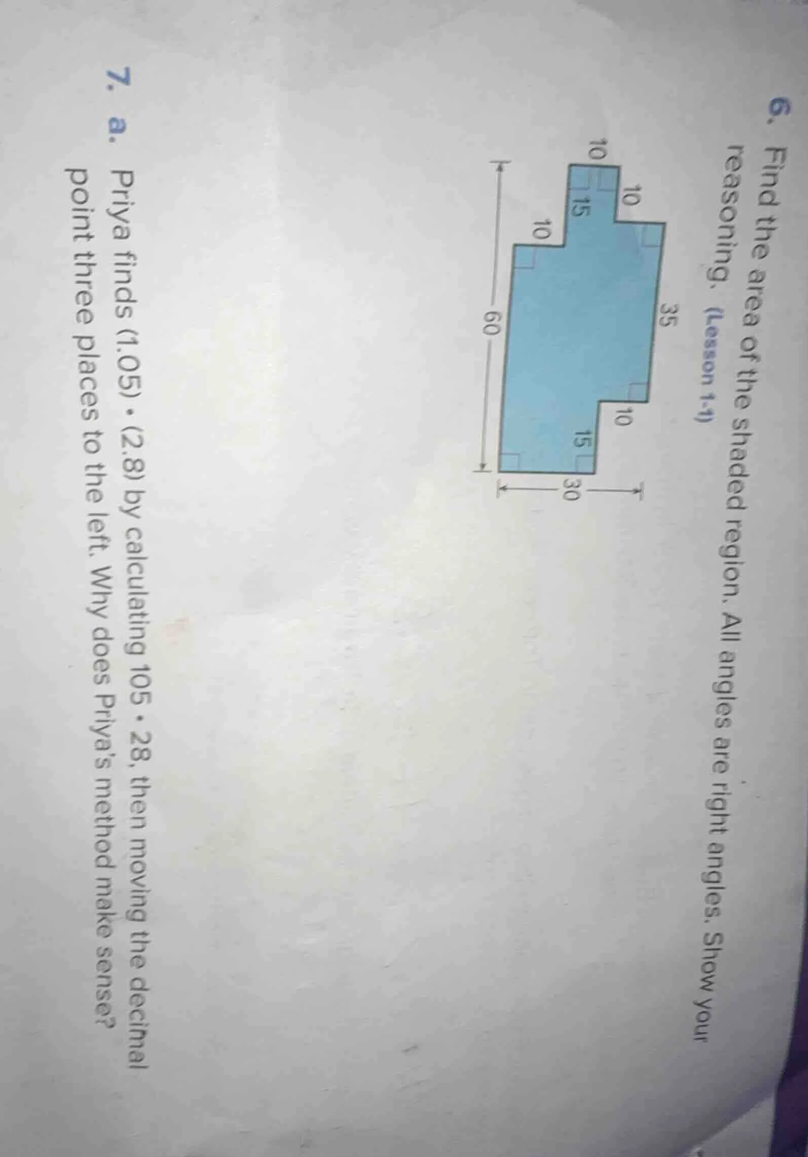 6. find the area of the shaded region. all angles are right angles. sho…