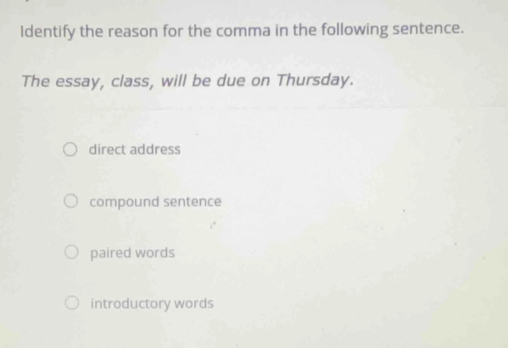identify the reason for the comma in the following sentence. the essay,…
