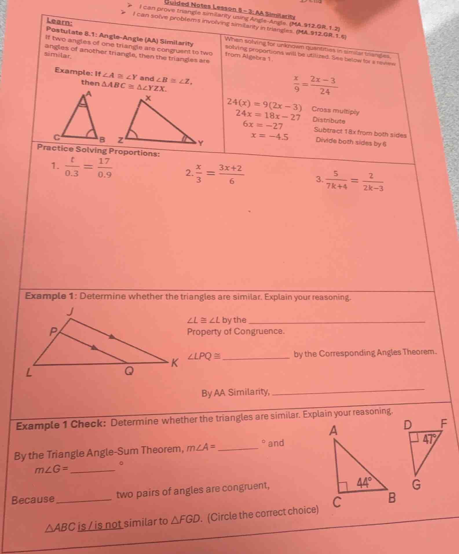 guided notes lesson 8 - 3: aa similarity i can prove triangle similarit…