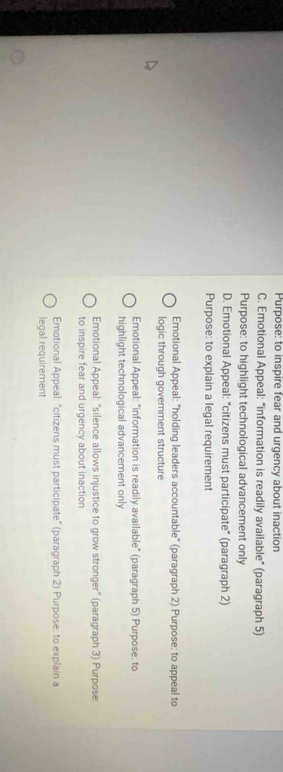 purpose: to inspire fear and urgency about inaction c. emotional appeal…