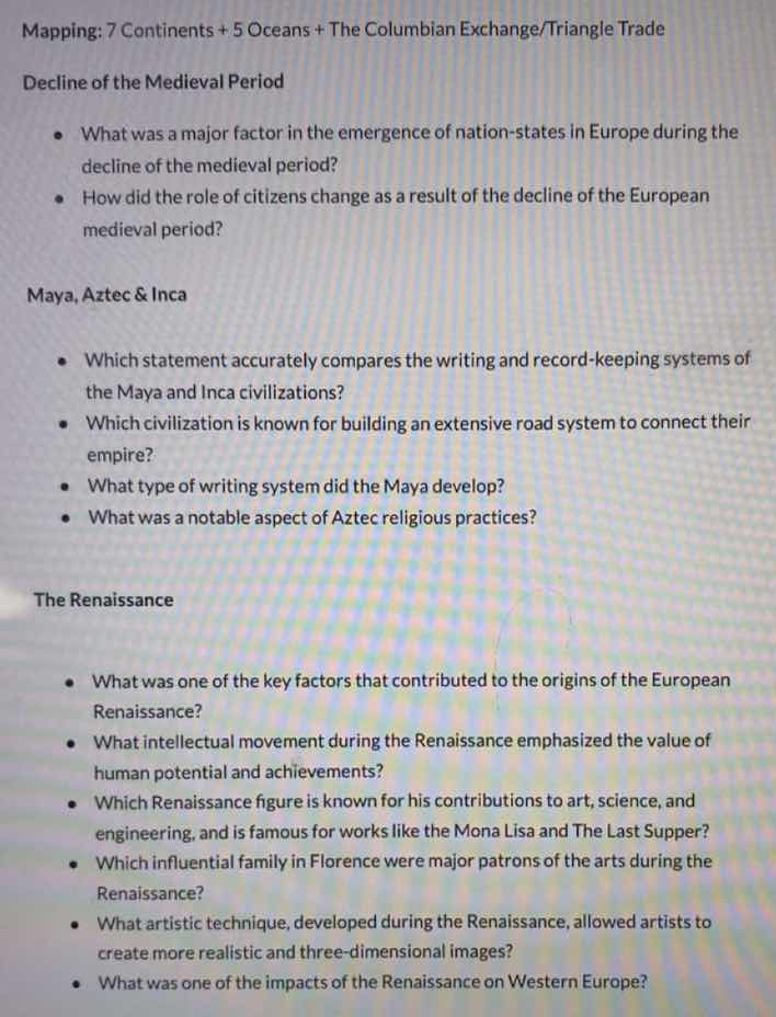 mapping: 7 continents + 5 oceans + the columbian exchange/triangle trad…