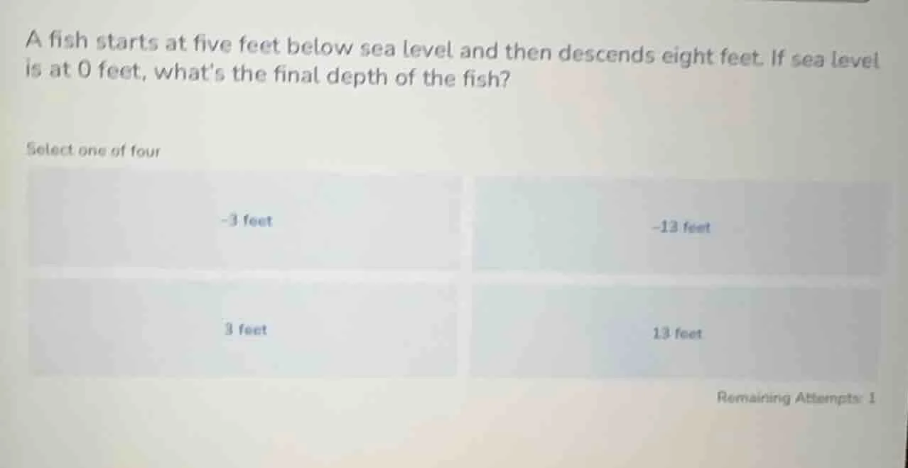 a fish starts at five feet below sea level and then descends eight feet…