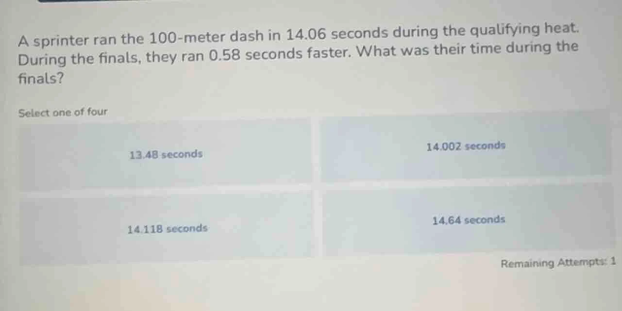 a sprinter ran the 100-meter dash in 14.06 seconds during the qualifyin…