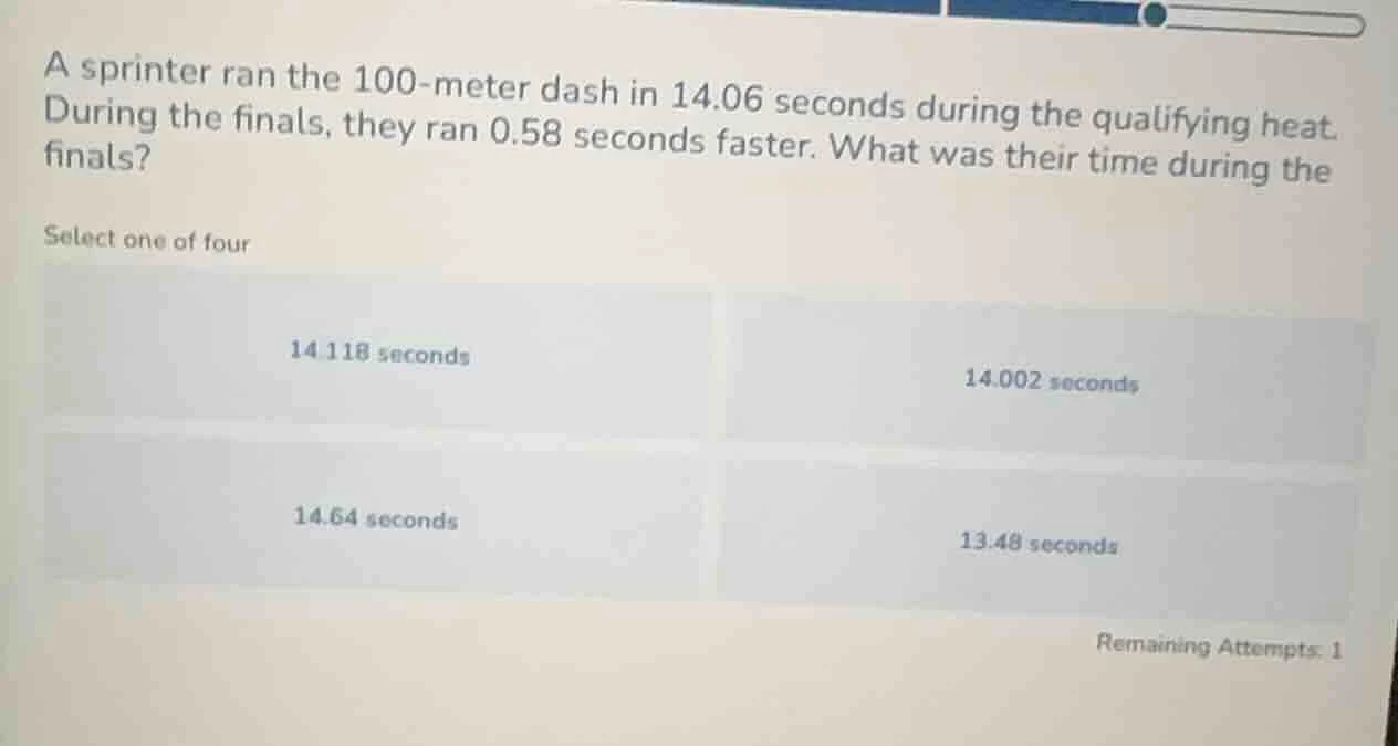 a sprinter ran the 100-meter dash in 14.06 seconds during the qualifyin…