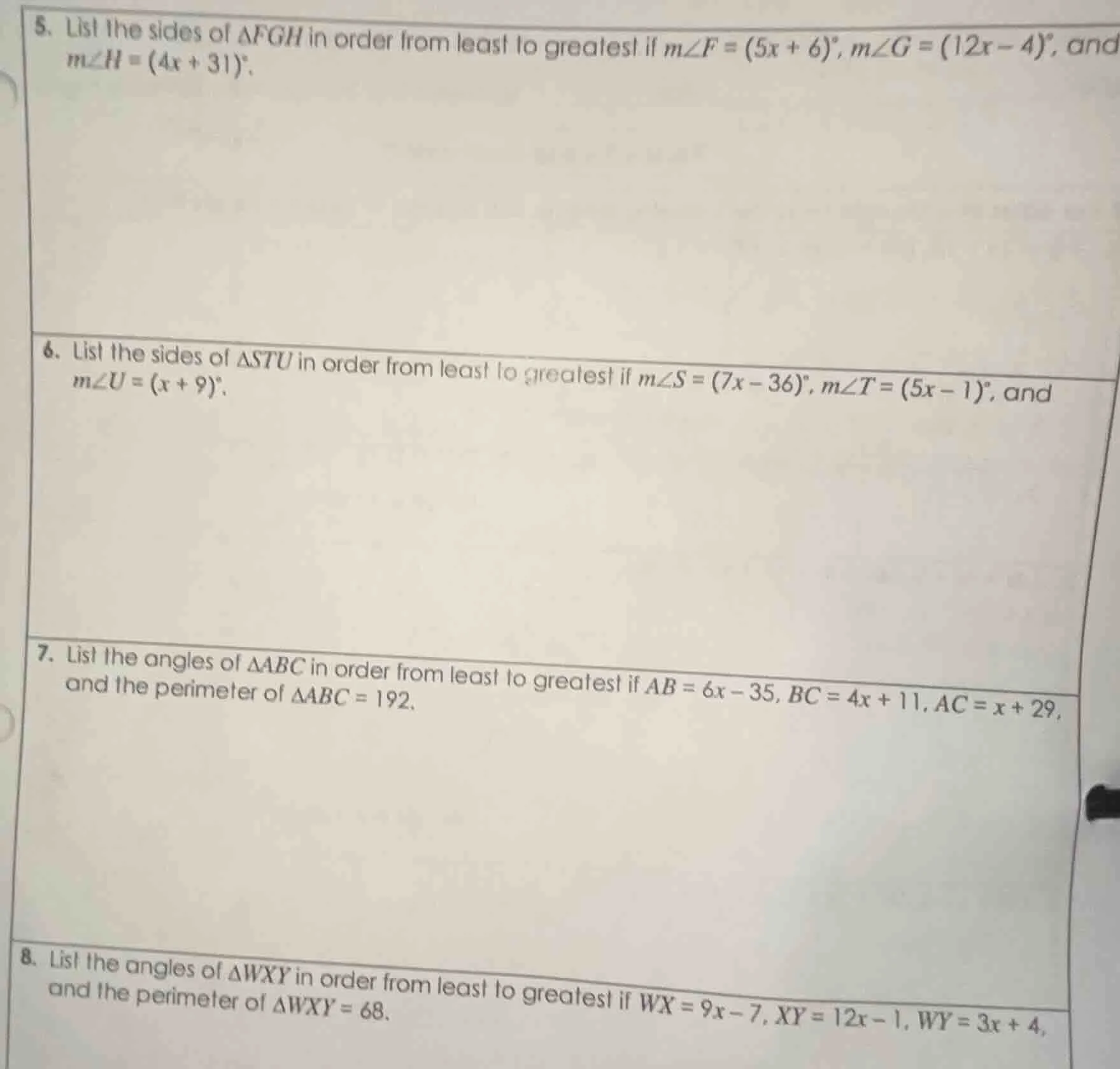 5. list the sides of $\\triangle fgh$ in order from least to greatest i…