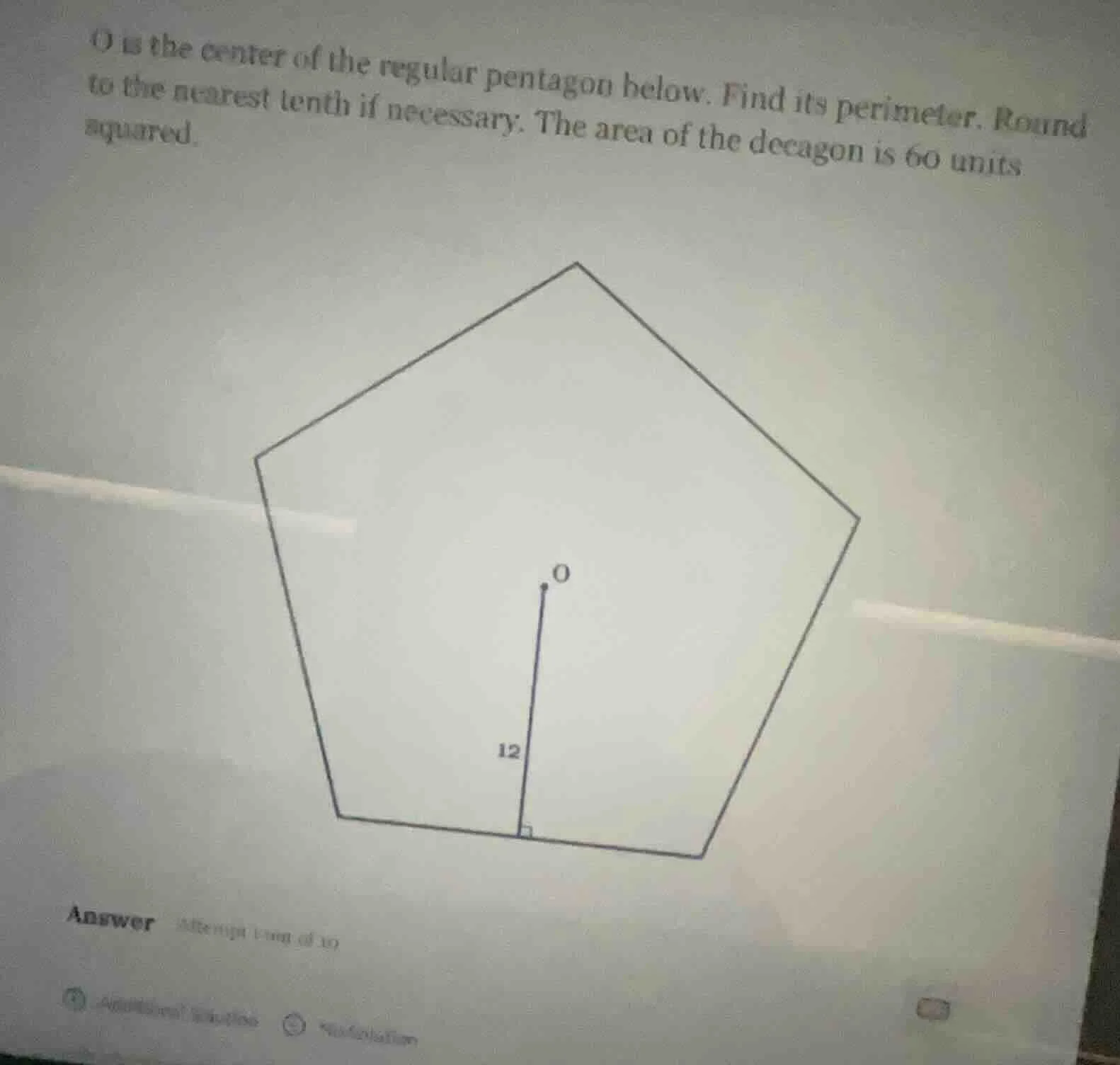 o is the center of the regular pentagon below. find its perimeter. roun…