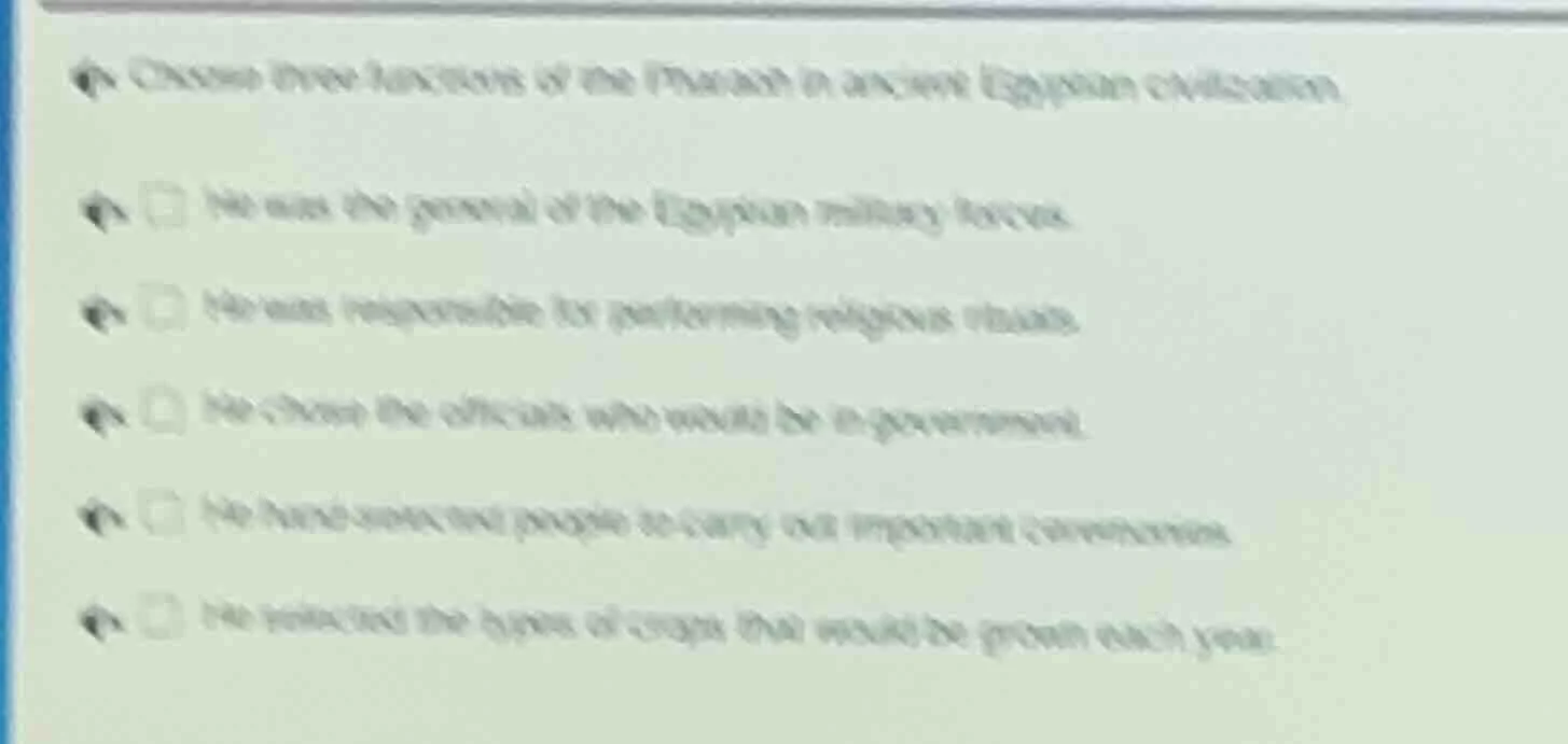 choose three functions of the pharaoh in ancient egyptian civilization.…