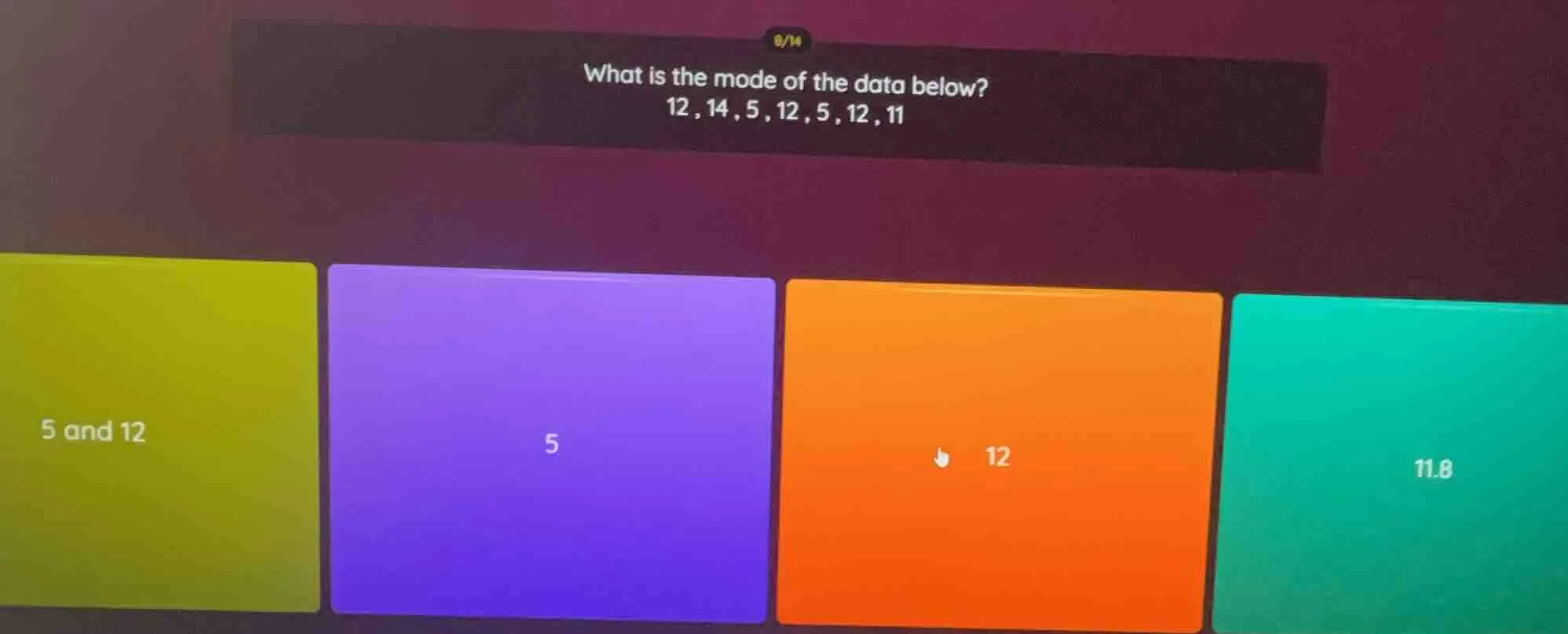 what is the mode of the data below? 12, 14, 5, 12, 5, 12, 11 options: 5…