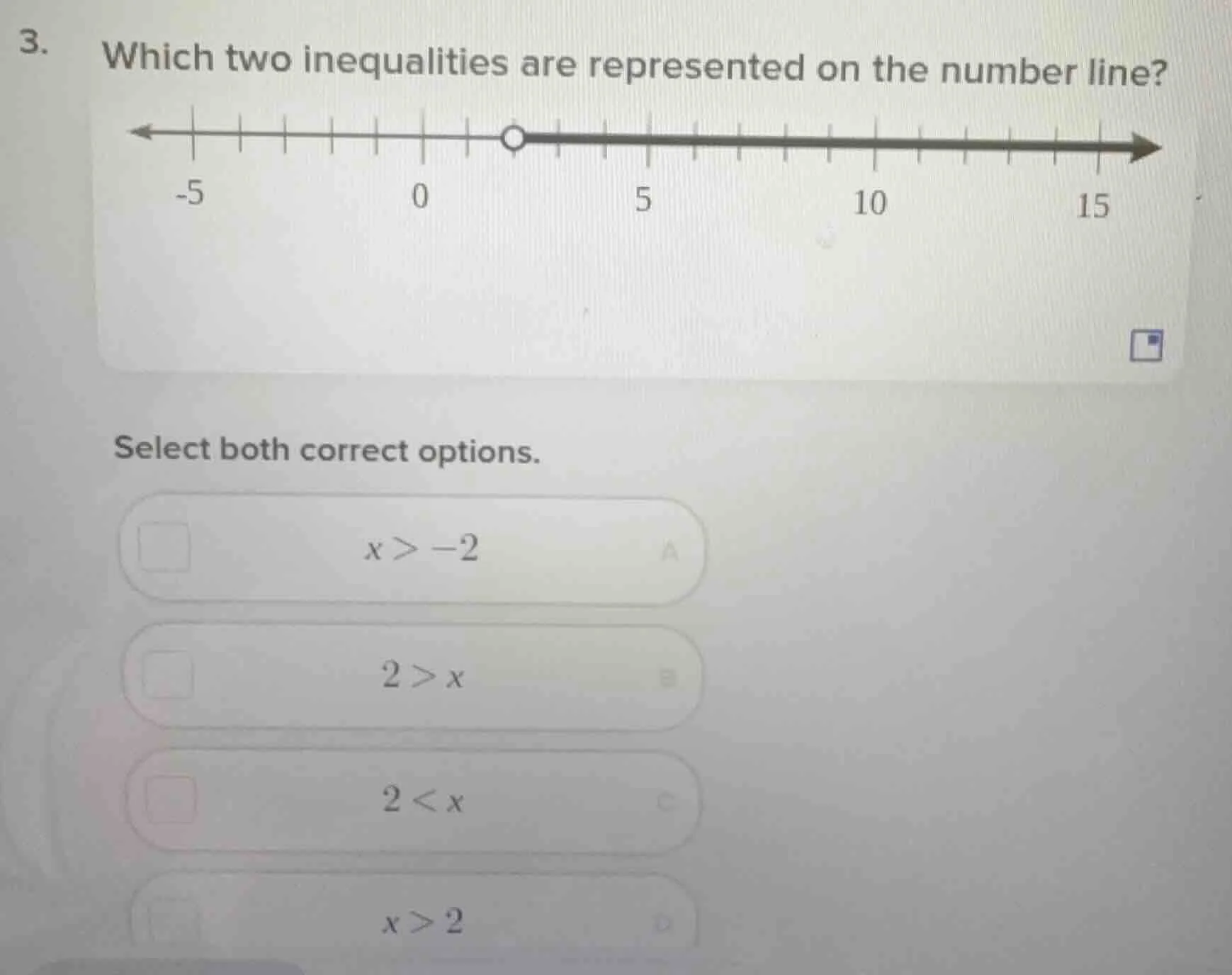 3. which two inequalities are represented on the number line? select bo…