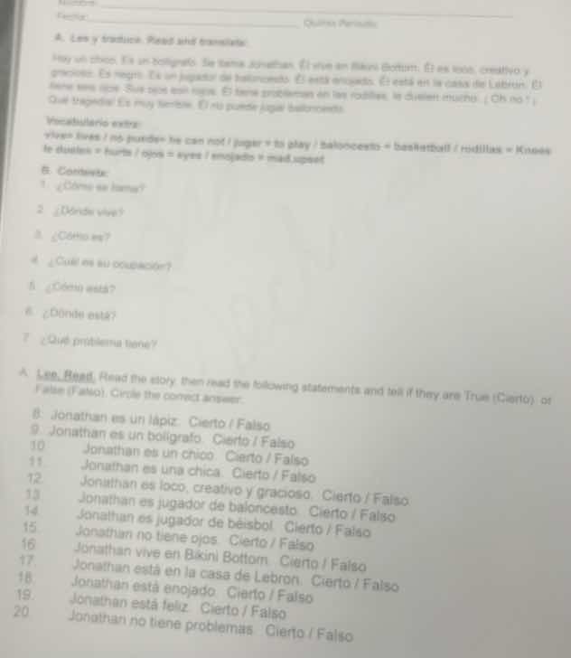 nombre ______ quizes personales a. lee y traduce. read and translate. h…