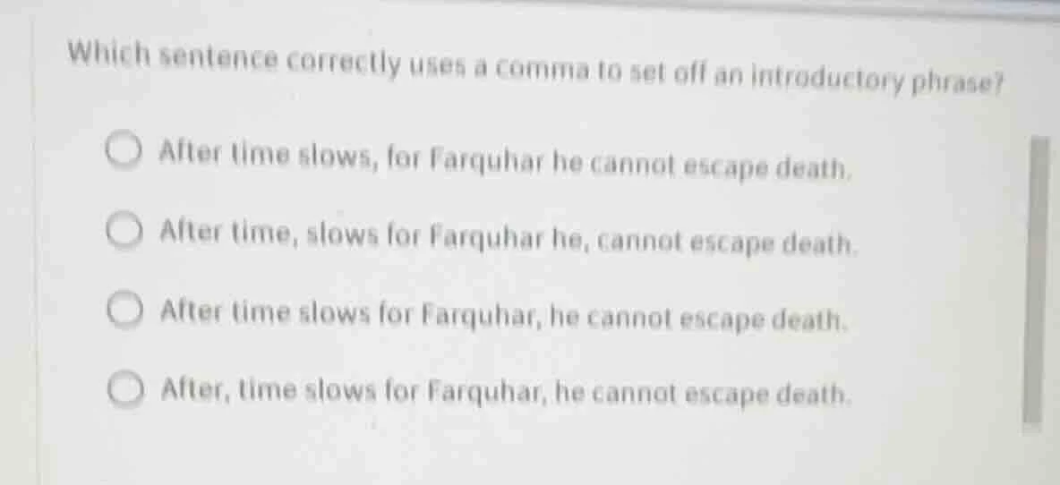 which sentence correctly uses a comma to set off an introductory phrase…