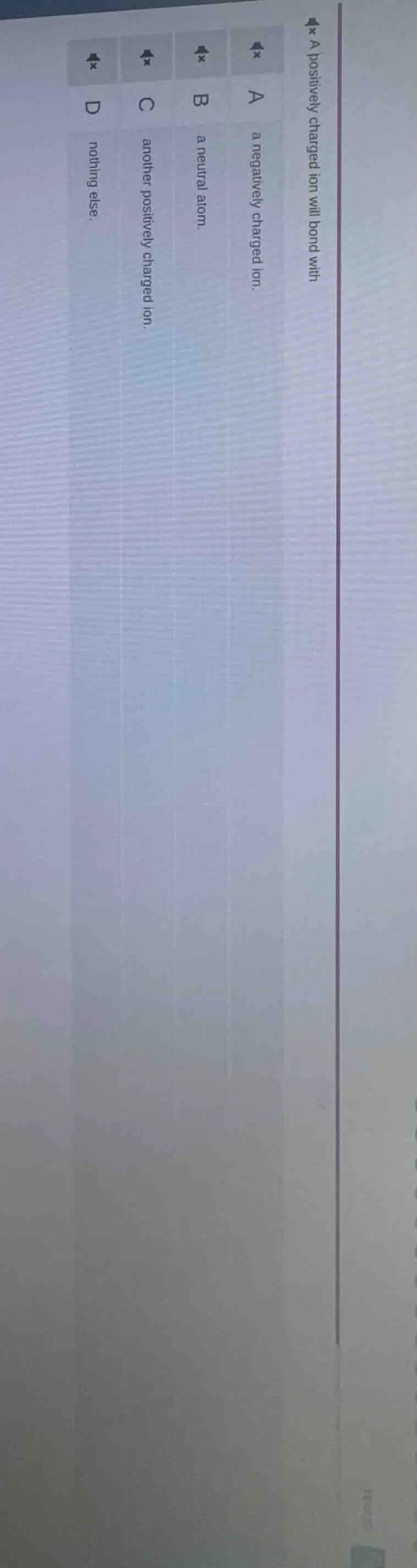 a positively charged ion will bond with a a negatively charged ion. b a…