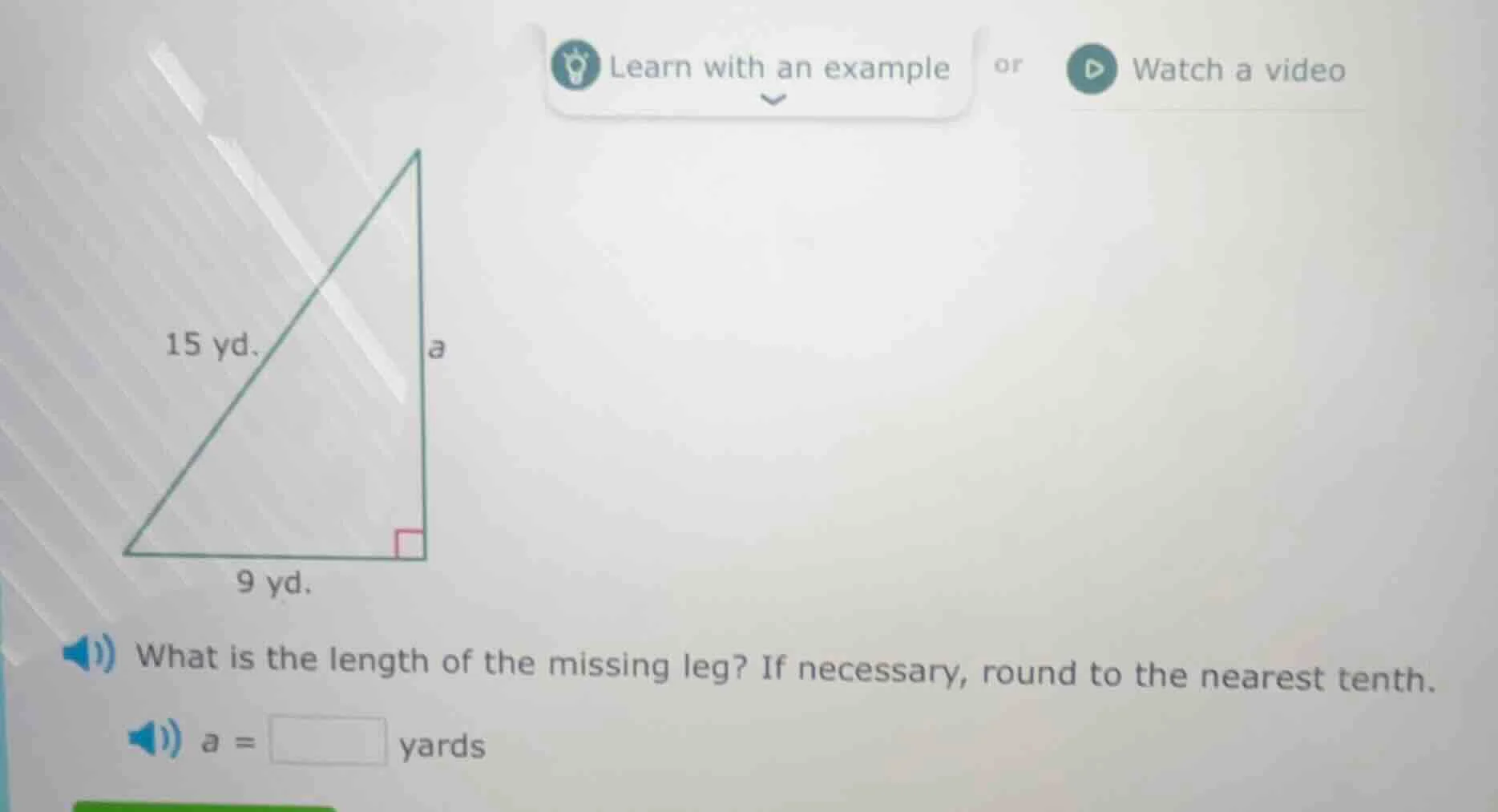 15 yd. 9 yd. what is the length of the missing leg? if necessary, round…