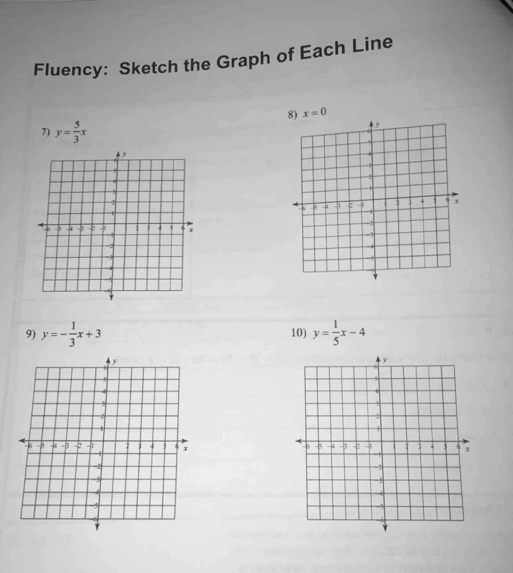 fluency: sketch the graph of each line 7) $y = \\frac{5}{3}x$ 8) $x = 0…