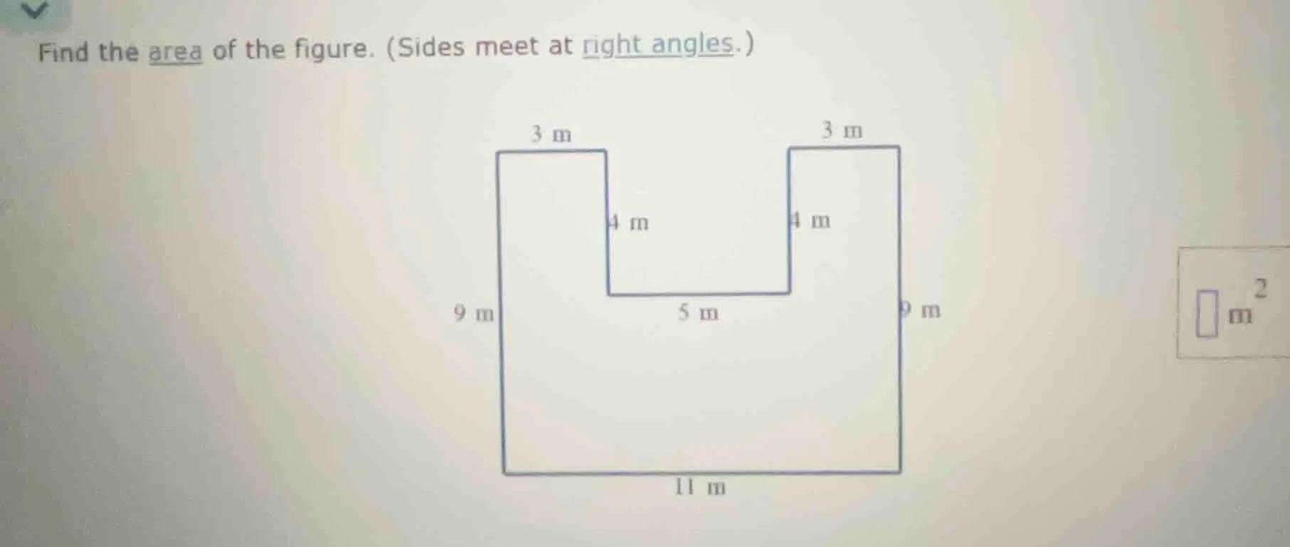 find the area of the figure. (sides meet at right angles.)