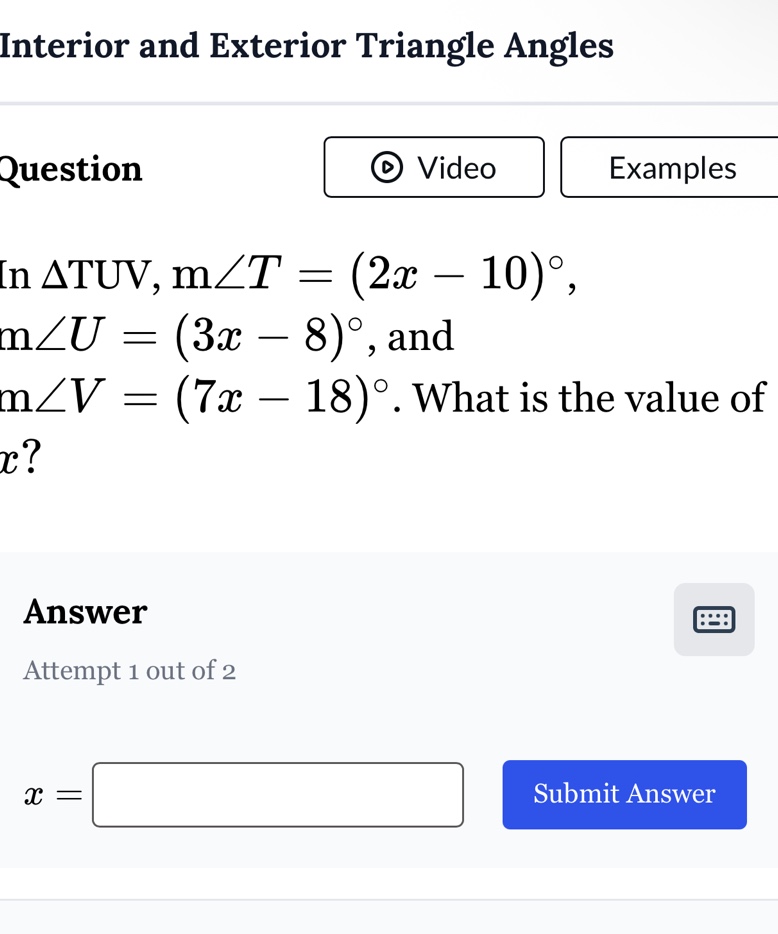 interior and exterior triangle angles question in $delta tuv$, $mangle …
