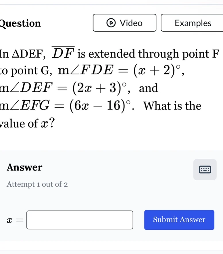 question in $\triangle def$, $overline{df}$ is extended through point f…