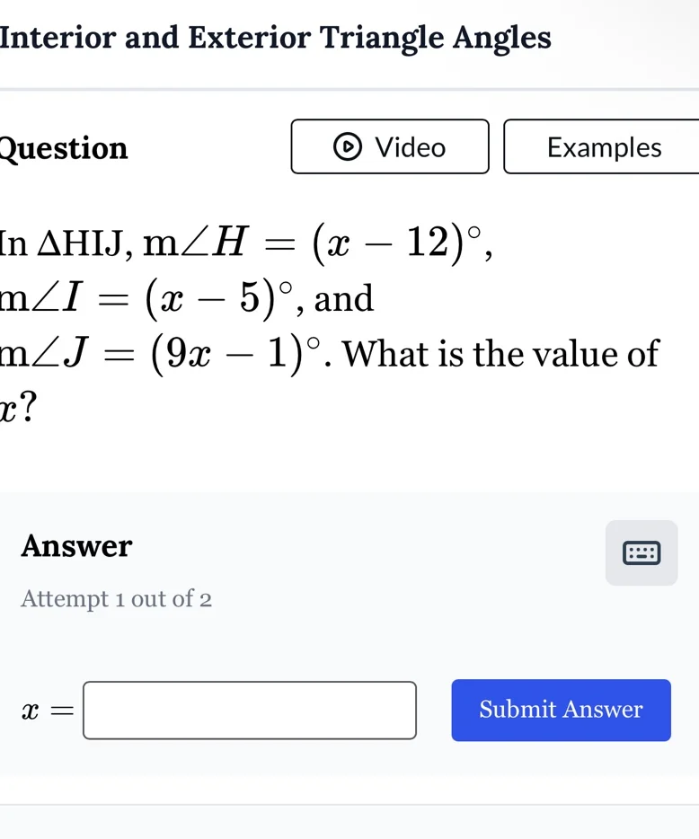 interior and exterior triangle angles question in $\\delta hij, \\text{…