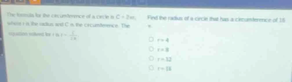 the formula for the circumference of a circle is ( c = 2pi r ), where (…