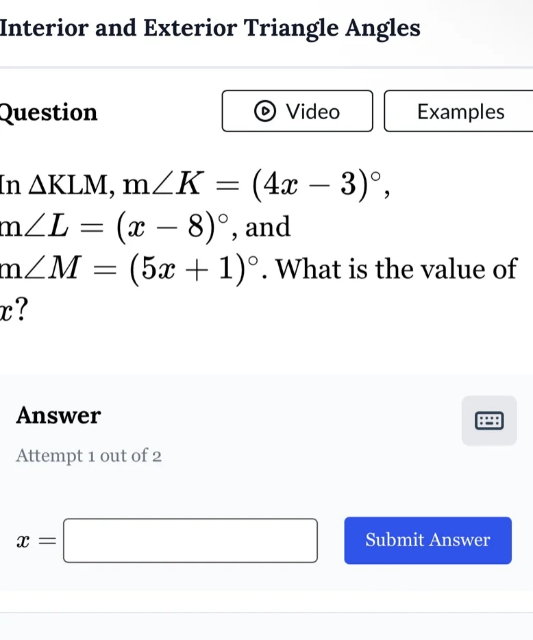 interior and exterior triangle angles question in $\\delta klm$, $m\\an…