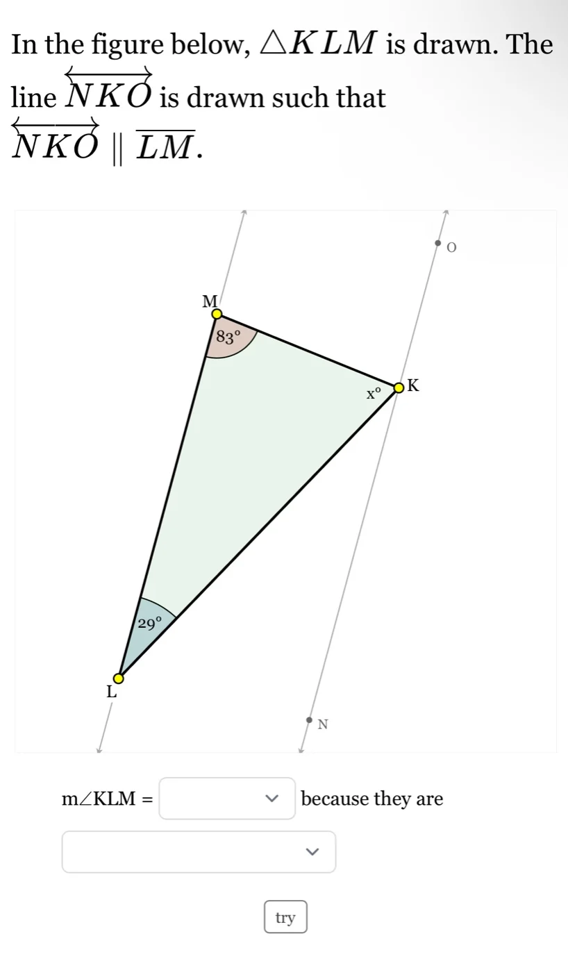 in the figure below, $\\triangle klm$ is drawn. the line $\\overleftrig…