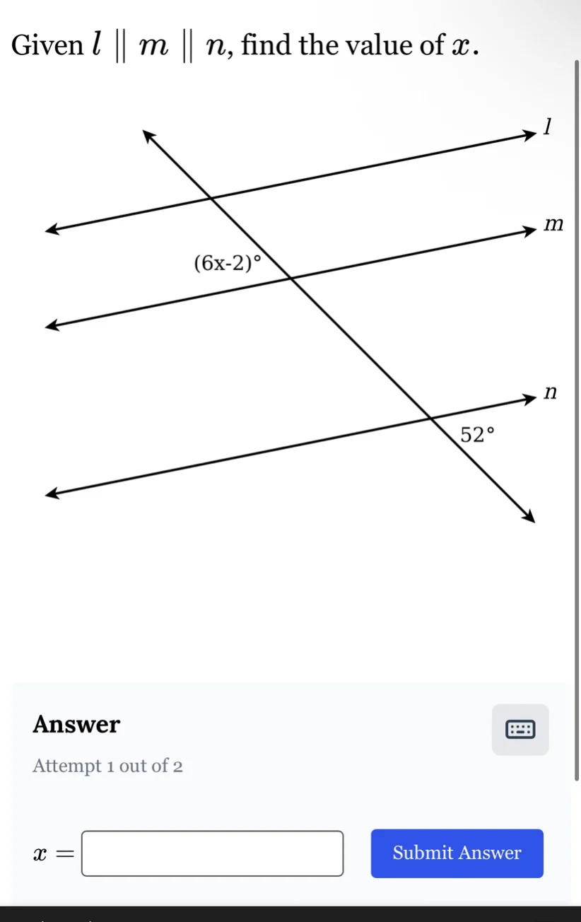 given ( l parallel m parallel n ), find the value of ( x ). (there is a…