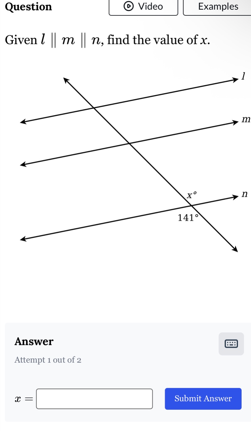 question given ( l parallel m parallel n ), find the value of ( x ). an…