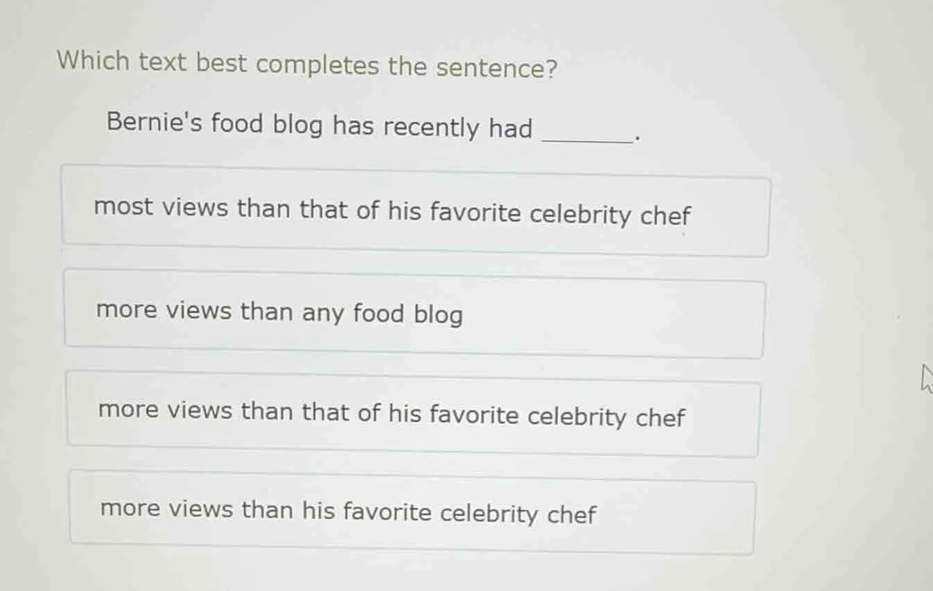 which text best completes the sentence? bernies food blog has recently …