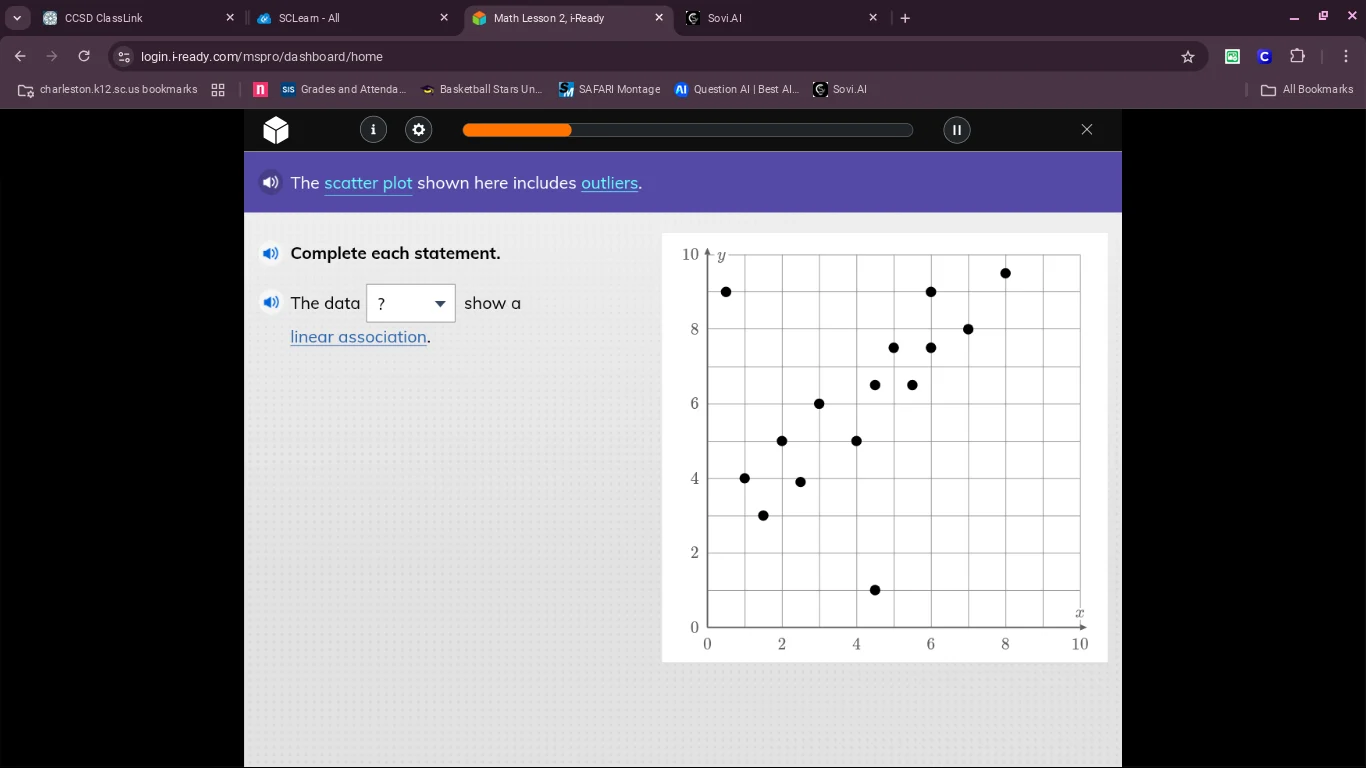 the scatter plot shown here includes outliers. complete each statement.…