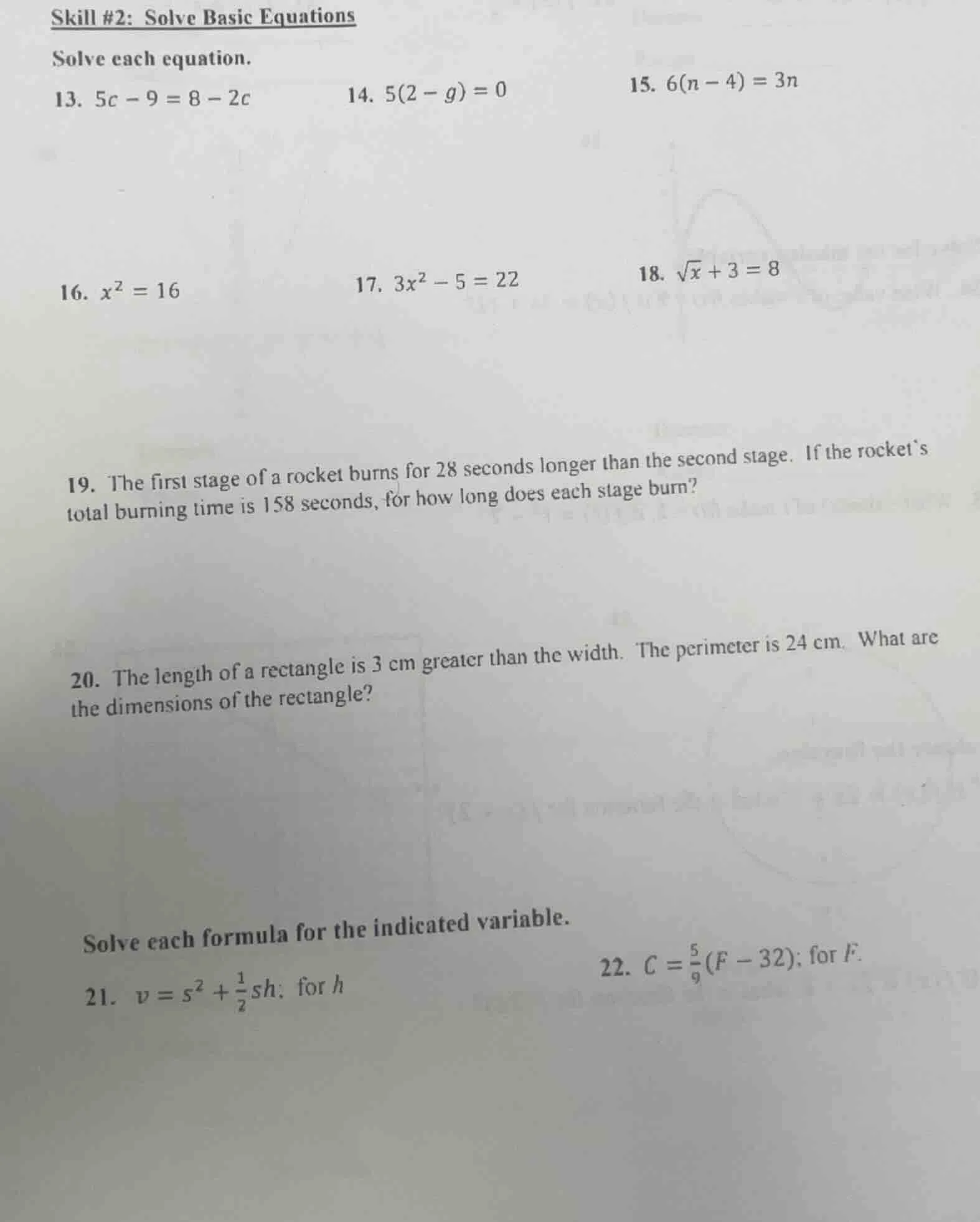 skill #2: solve basic equations solve each equation. 13. $5c - 9 = 8 - …