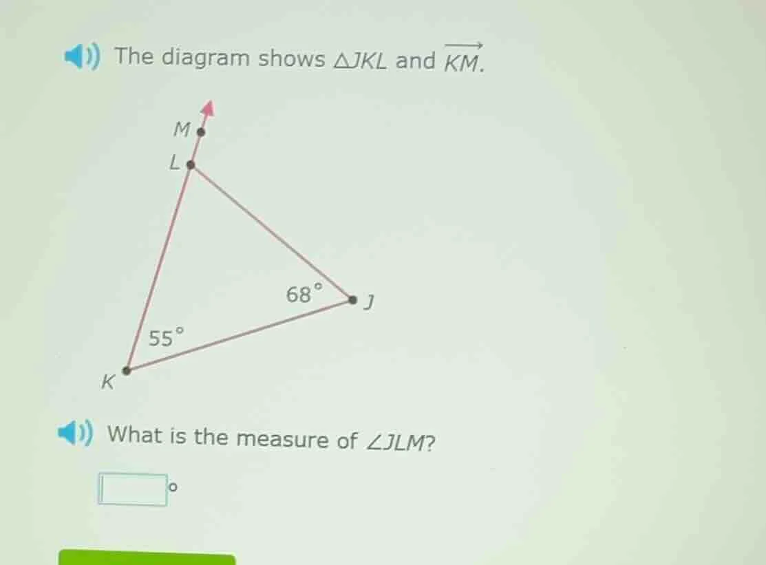 the diagram shows $\\triangle jkl$ and $\\overrightarrow{km}$. what is …