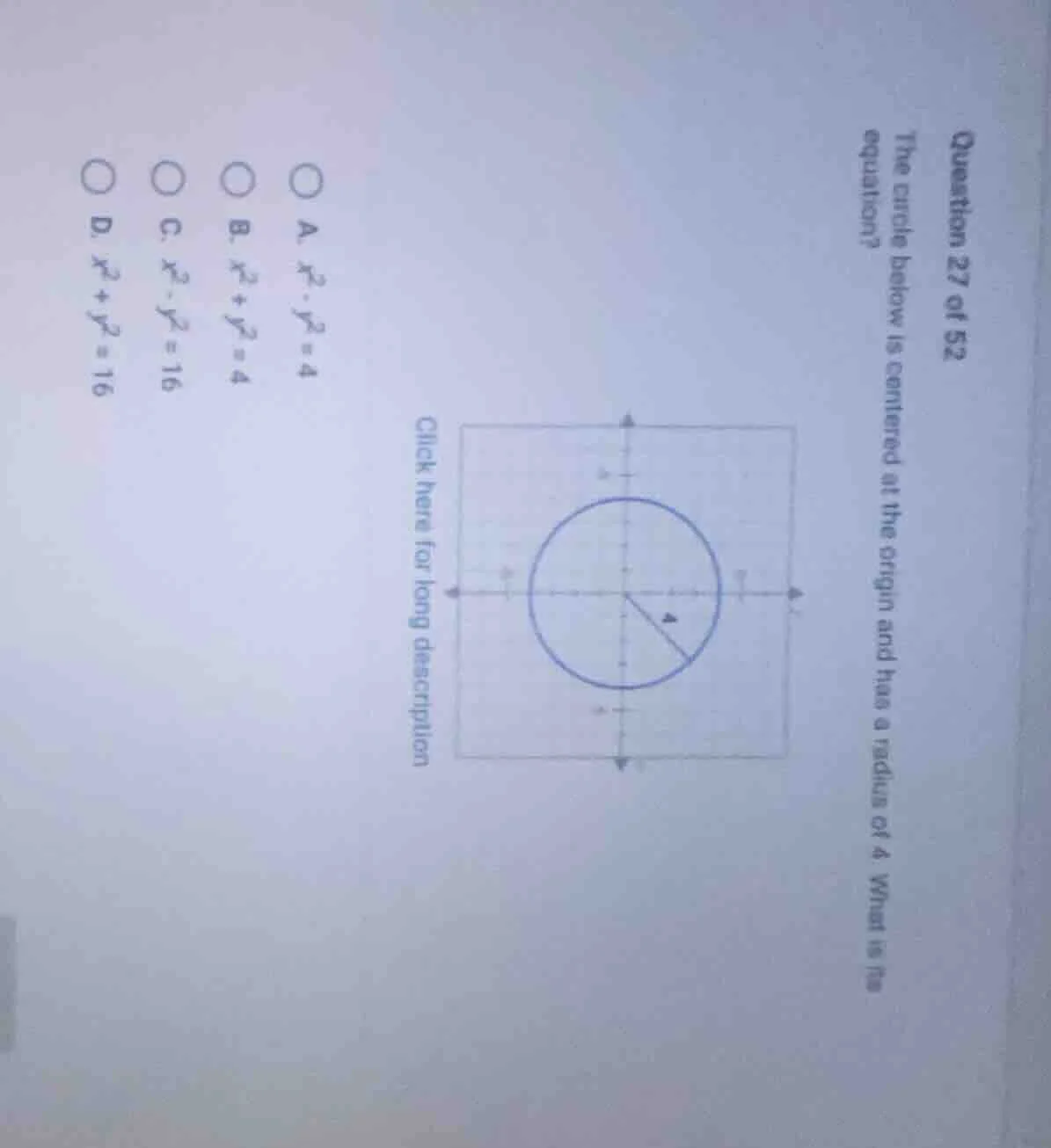 question 27 of 52 the circle below is centered at the origin and has a …