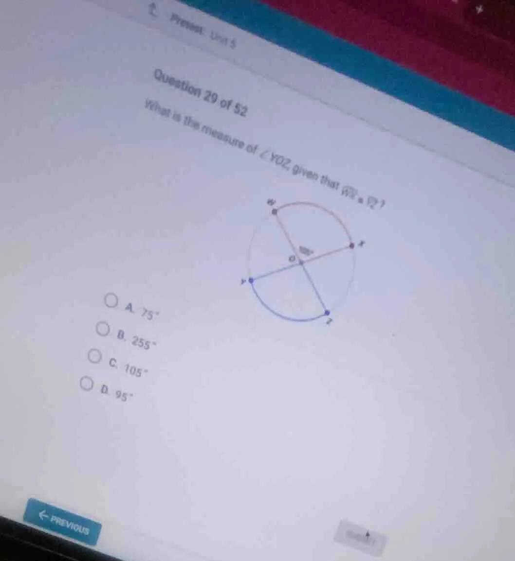 question 20 of 52 what is the measure of ∠yoz given that \\(\\overarc{w…