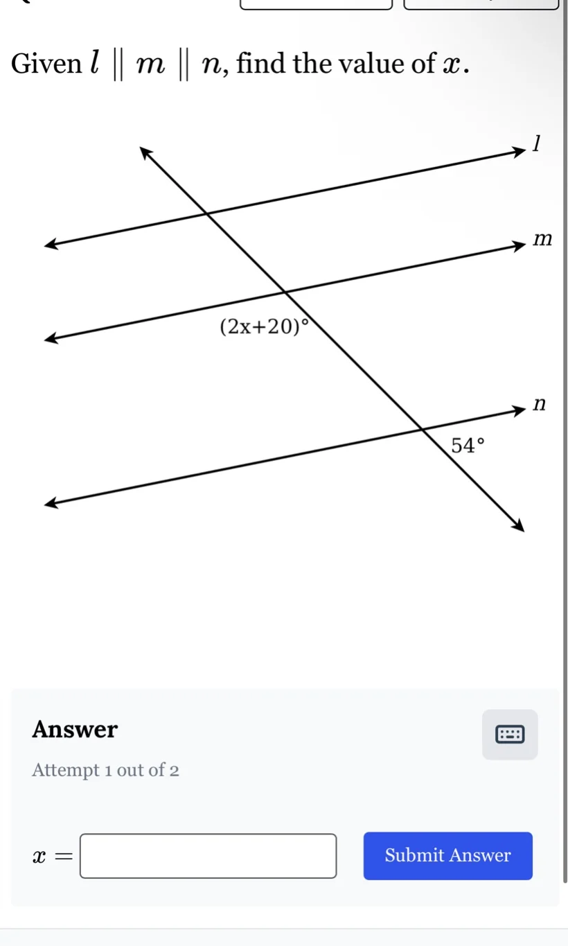 given ( l parallel m parallel n ), find the value of ( x ).