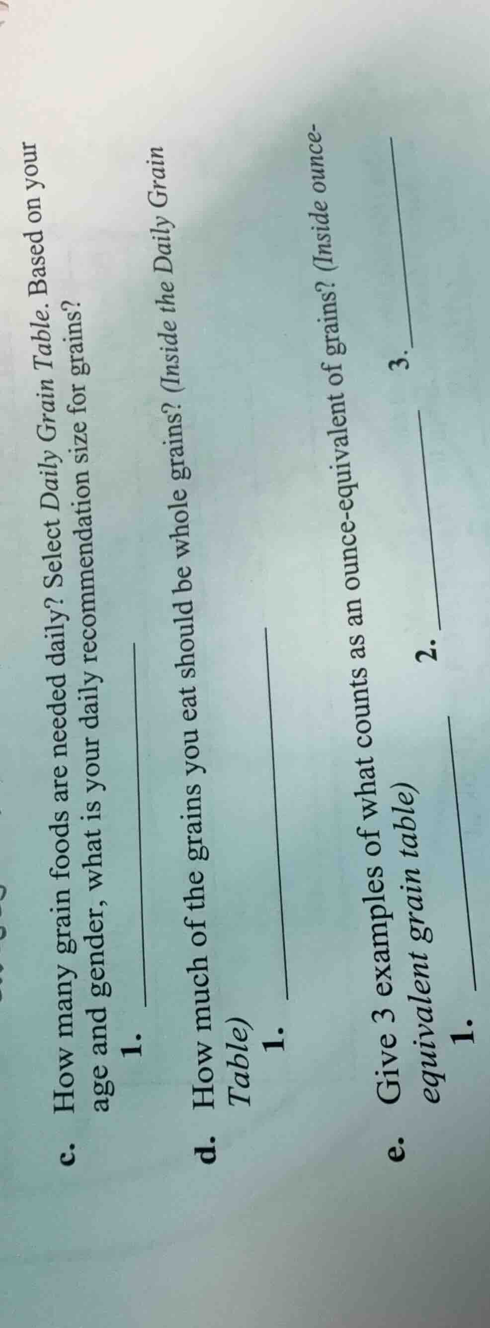 how many grain foods are needed daily? select daily grain table. based …