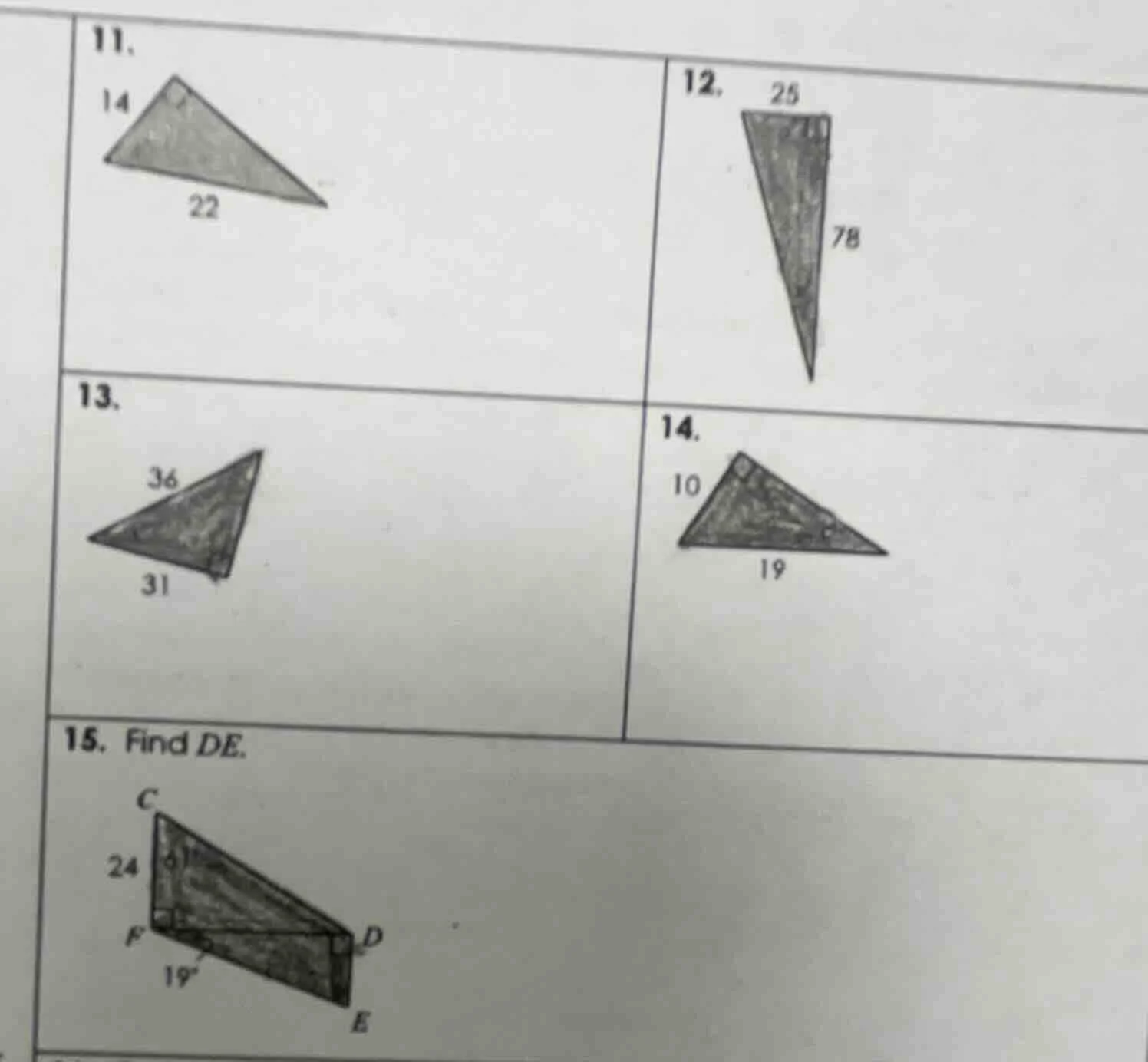 11. 14 22 12. 25 78 13. 36 31 14. 10 19 15. find de. c 24 f 19 d e
