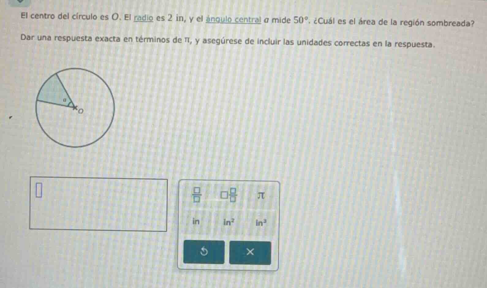 el centro del círculo es o. el radio es 2 in, y el ángulo central a mid…