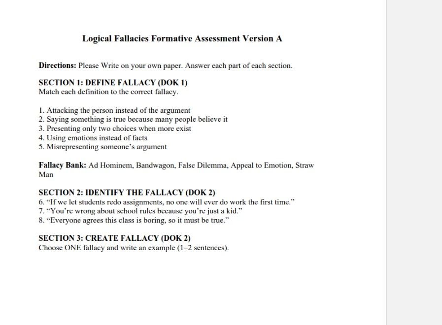 logical fallacies formative assessment version a directions: please wri…