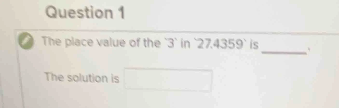 question 1 the place value of the `3` in `27.4359` is ______. the solut…