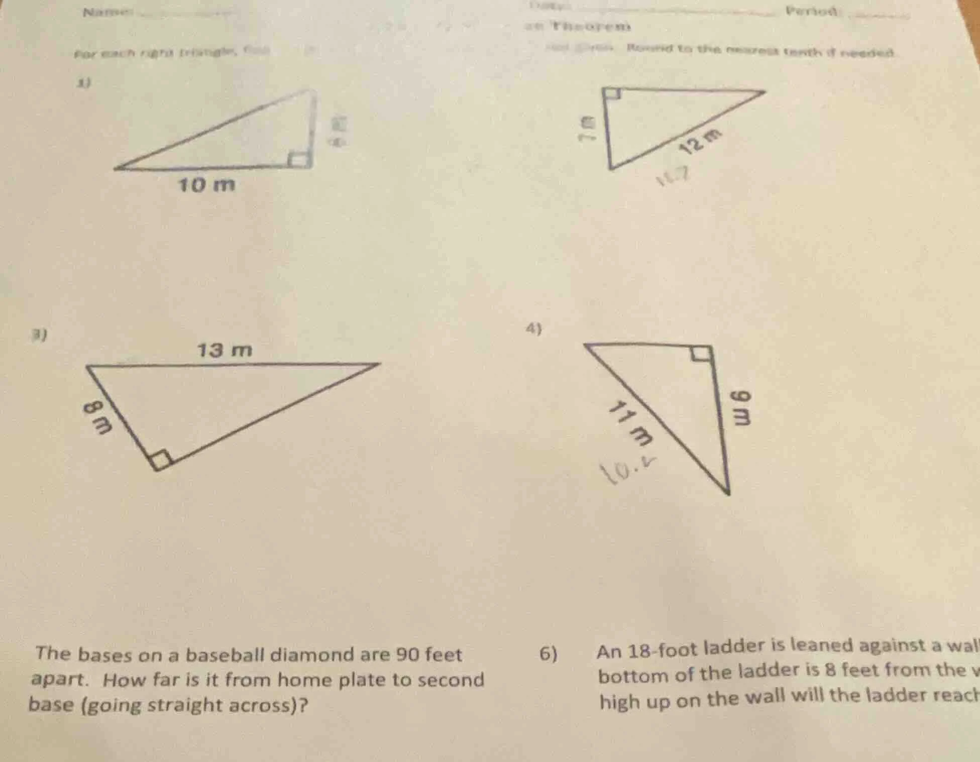 name for each right triangle, find 1) 3) the bases on a baseball diamon…