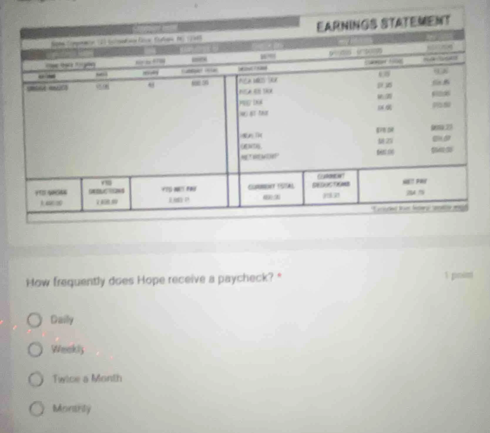 earnings statement how frequently does hope receive a paycheck? * 1 poi…