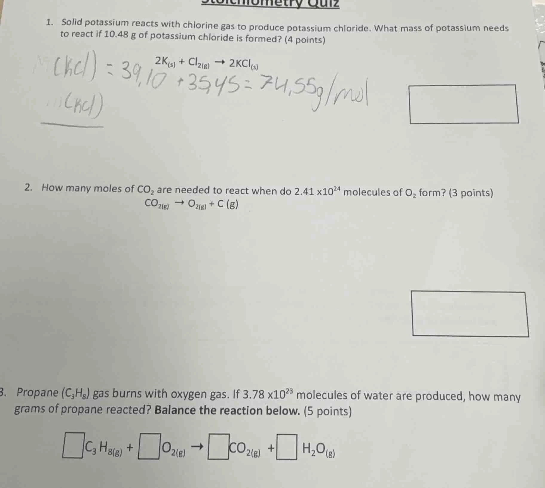 stoichiometry quiz 1. solid potassium reacts with chlorine gas to produ…