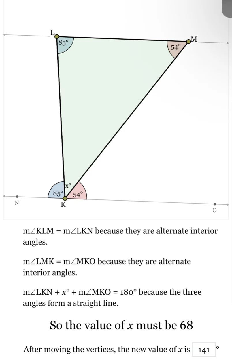 m∠klm = m∠lkn because they are alternate interior angles. m∠lmk = m∠mko…